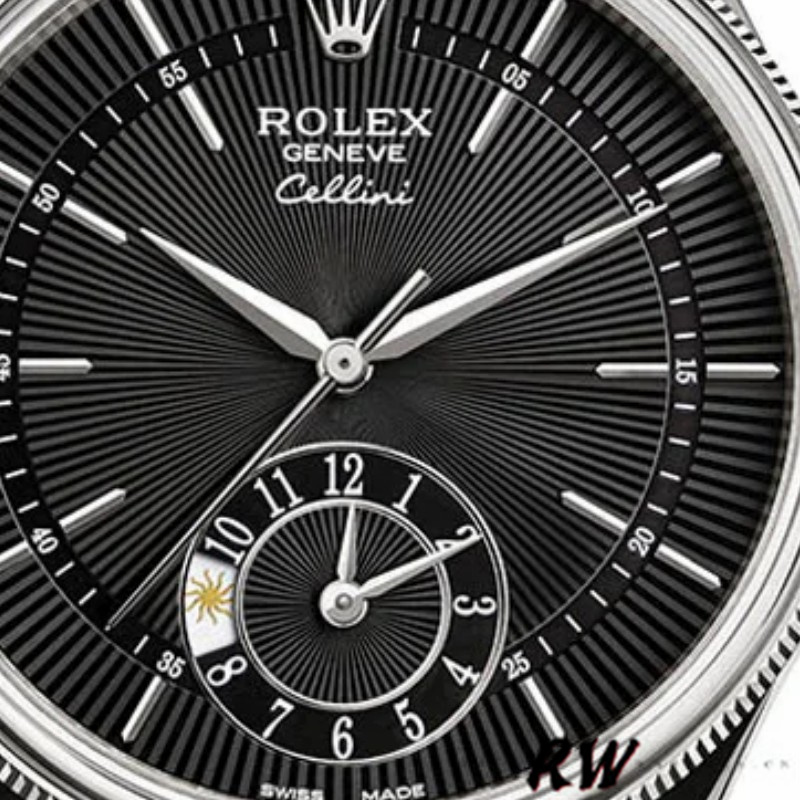Rolex Cellini Dual Time 50529 Black Dial Brown Leather Strap 39mm Mens Replica Watch